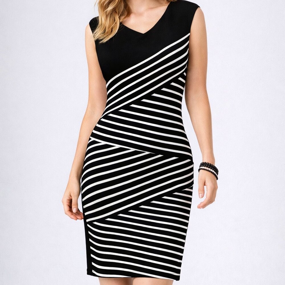 Women’s Black & White Striped Cap Sleeve Sheath Dress Size Large NWT Retail $48